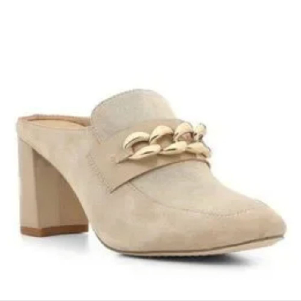Donald J. Pliner Calistas Suede Block Heel Gold Tone Chain Loafers Mules, 6.5